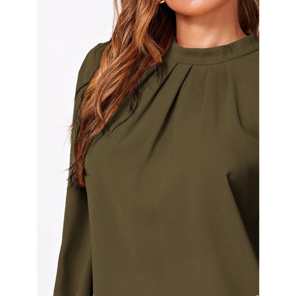 Button Cuff Gathered Neck long sleeve blouse Top black - Picture 10 of 11